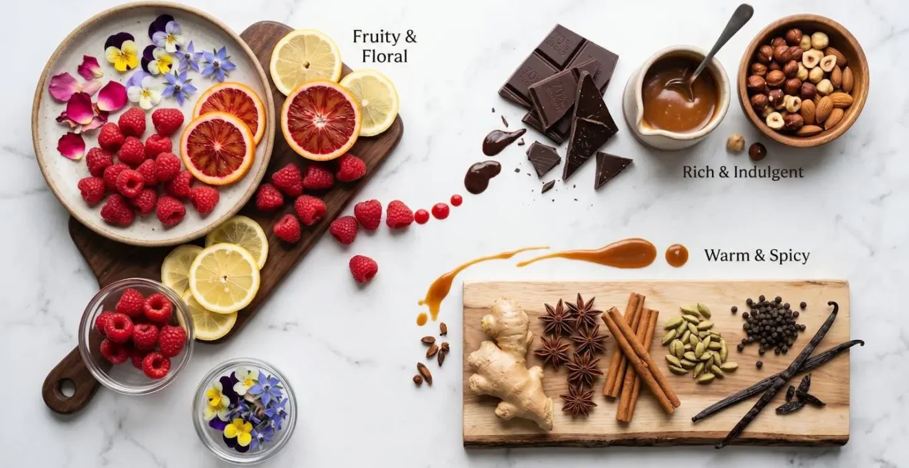 Composition éditoriale mettant en scène des ingrédients de pâtisserie organisés selon des principes d'harmonie visuelle et aromatique