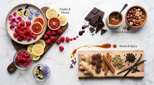 Composition éditoriale mettant en scène des ingrédients de pâtisserie organisés selon des principes d'harmonie visuelle et aromatique