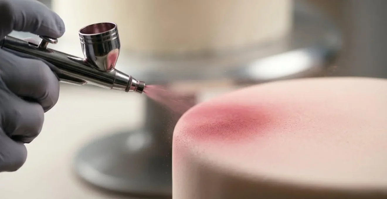 Aérographe alimentaire professionnel appliquant un dégradé délicat de colorant sur un gâteau lisse
