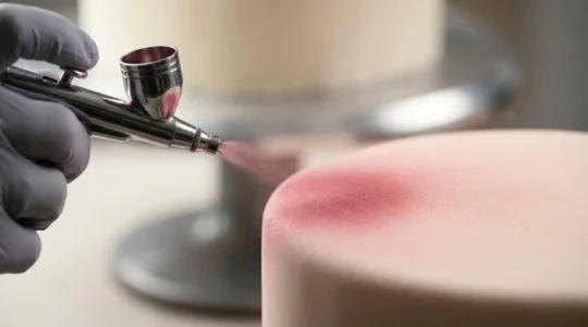 Aérographe alimentaire professionnel appliquant un dégradé délicat de colorant sur un gâteau lisse