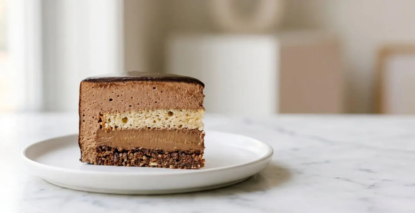 Entremets moderne raffiné présentant une coupe nette révélant cinq couches de textures contrastées