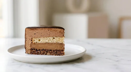 Entremets moderne raffiné présentant une coupe nette révélant cinq couches de textures contrastées