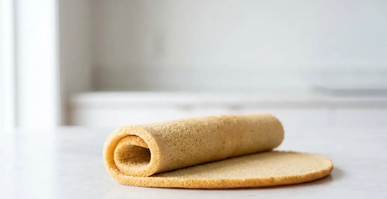 Biscuit Joconde souple et doré, légèrement roulé sans fissures sur un plan de travail de pâtisserie