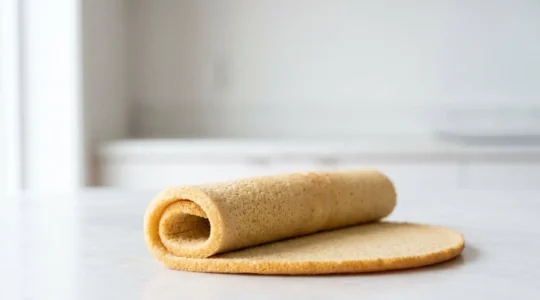 Biscuit Joconde souple et doré, légèrement roulé sans fissures sur un plan de travail de pâtisserie