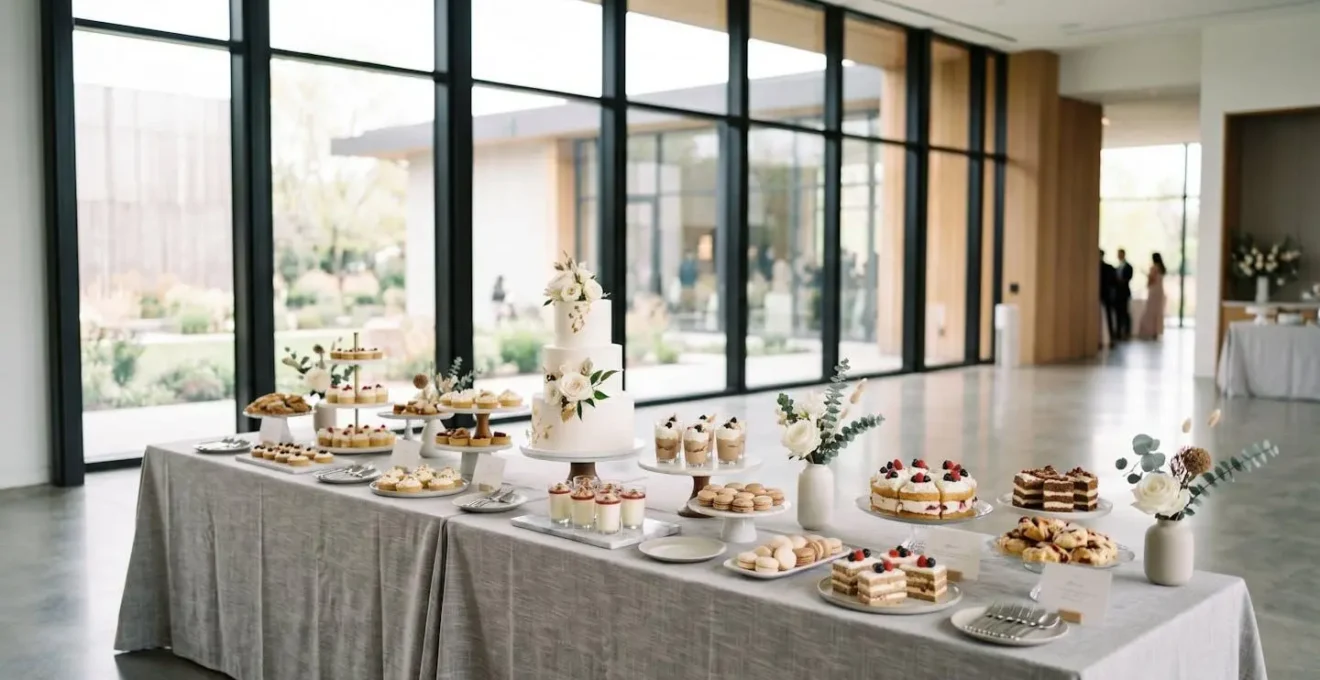 Organisation professionnelle d'un buffet de desserts pour grande réception avec pièces montées et mignardises