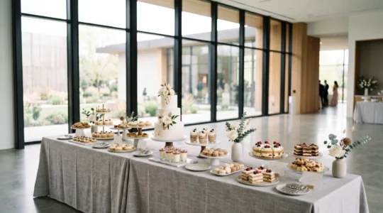 Organisation professionnelle d'un buffet de desserts pour grande réception avec pièces montées et mignardises