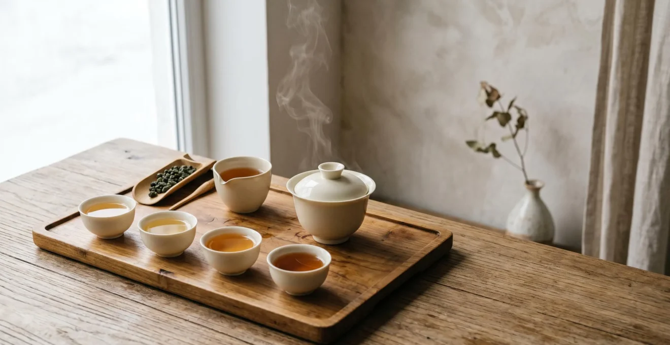 Cérémonie de dégustation de thé oolong taïwanais avec gaiwan et tasses, évolution des infusions successives