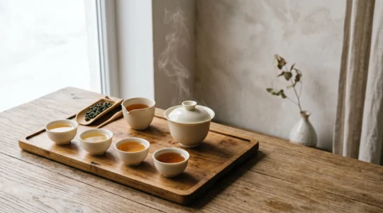 Cérémonie de dégustation de thé oolong taïwanais avec gaiwan et tasses, évolution des infusions successives