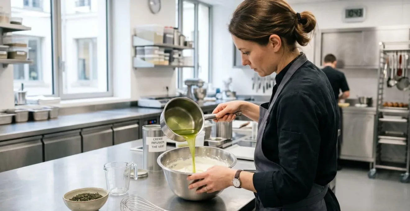 Un chef pâtissier vu de dos verse délicatement une infusion de thé vert dans un bol de crème onctueuse posé sur un plan de travail en acier inoxydable dans une cuisine professionnelle lumineuse