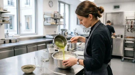 Un chef pâtissier vu de dos verse délicatement une infusion de thé vert dans un bol de crème onctueuse posé sur un plan de travail en acier inoxydable dans une cuisine professionnelle lumineuse