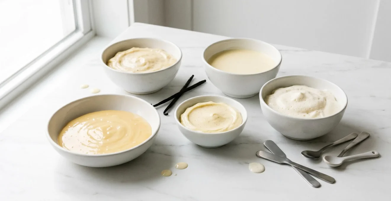 Composition artisanale de cinq préparations crémeuses pâtissières dans des coupelles en porcelaine blanche, illustrant les différentes textures des crèmes