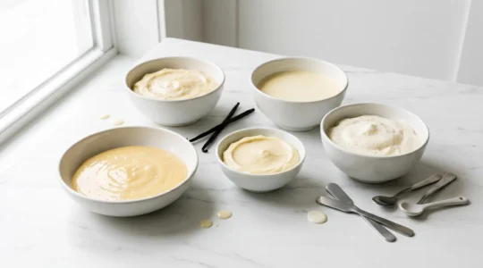Composition artisanale de cinq préparations crémeuses pâtissières dans des coupelles en porcelaine blanche, illustrant les différentes textures des crèmes