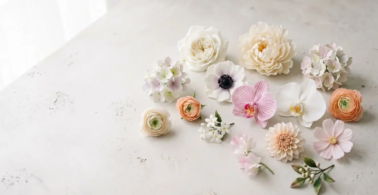 Collection diversifiée de douze fleurs en pâte à sucre disposées sur fond clair, allant des roses classiques aux orchidées exotiques