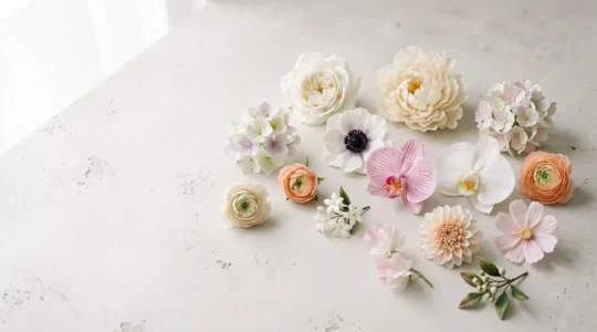 Collection diversifiée de douze fleurs en pâte à sucre disposées sur fond clair, allant des roses classiques aux orchidées exotiques