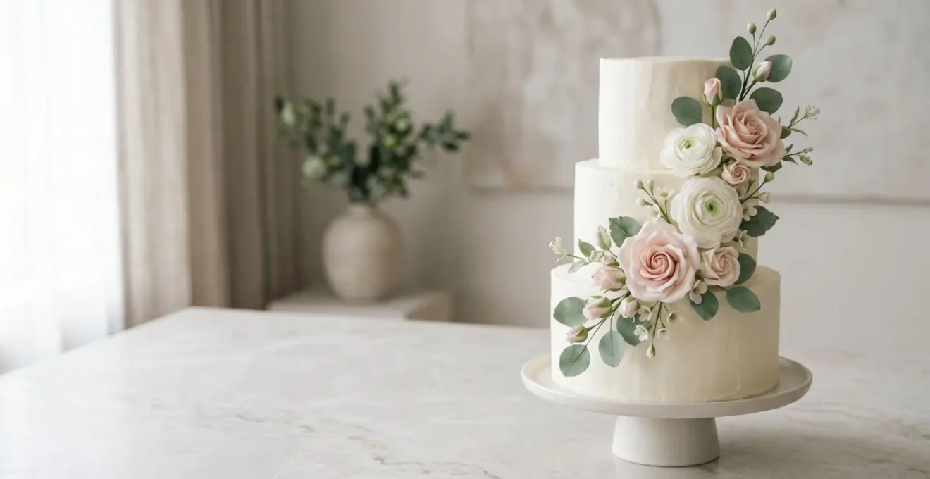 Gâteau élégamment décoré avec composition équilibrée de fleurs et décors pâtissiers sur fond épuré