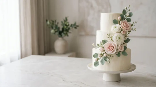 Gâteau élégamment décoré avec composition équilibrée de fleurs et décors pâtissiers sur fond épuré