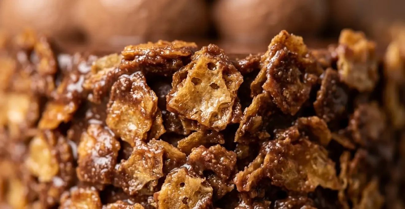 Couche croustillante de praliné feuilletine dorée enrobée de chocolat brillant, vue en macro avec texture détaillée