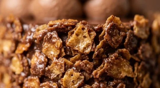 Couche croustillante de praliné feuilletine dorée enrobée de chocolat brillant, vue en macro avec texture détaillée