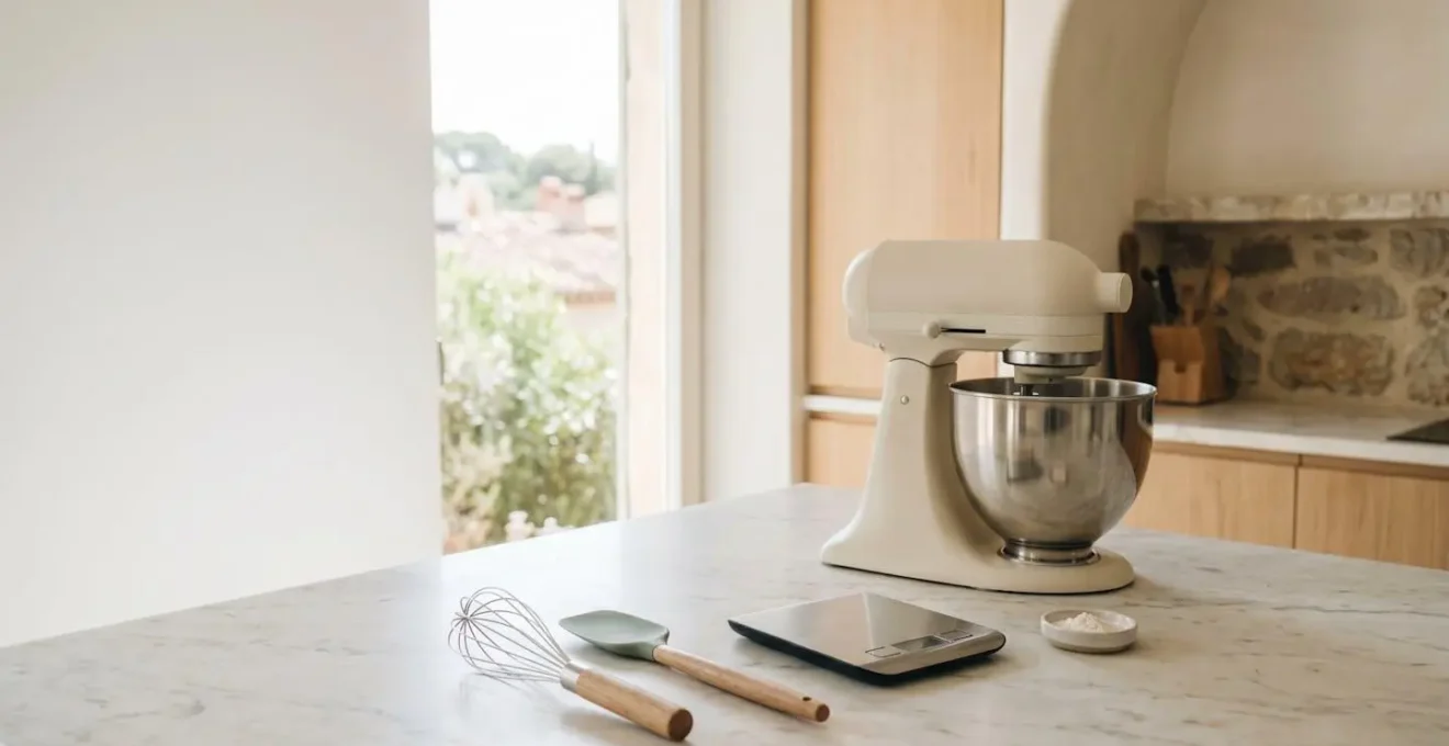 Plan de travail de cuisine moderne équipé pour la pâtisserie avec ustensiles professionnels soigneusement organisés