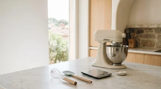Plan de travail de cuisine moderne équipé pour la pâtisserie avec ustensiles professionnels soigneusement organisés