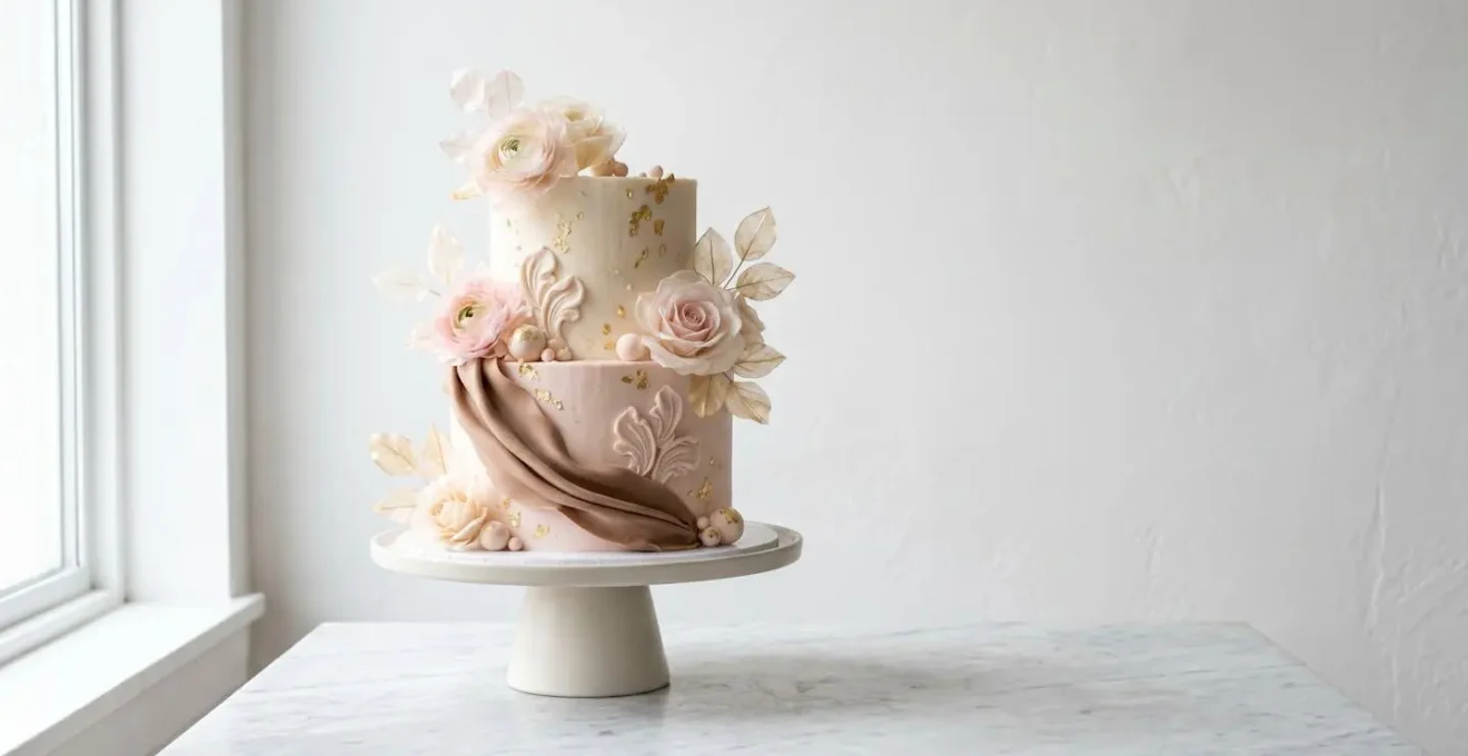 Gâteau élégant orné de décors comestibles en pâte à sucre sculptée, chocolat plastique drapé et fleurs translucides en wafer paper