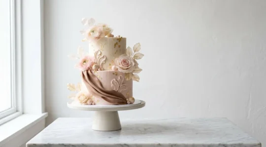 Gâteau élégant orné de décors comestibles en pâte à sucre sculptée, chocolat plastique drapé et fleurs translucides en wafer paper