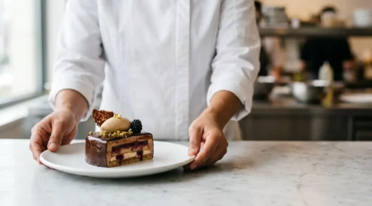 Dégustation professionnelle d'un dessert gastronomique avec focus sur les détails sensoriels