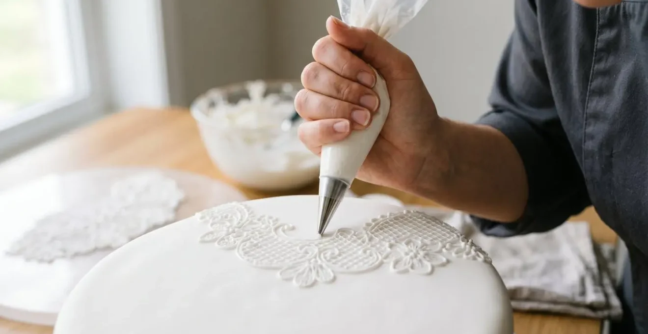 Main de pâtissier pochant des motifs de dentelle au glaçage royal sur une surface lisse