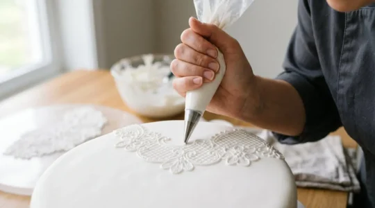 Main de pâtissier pochant des motifs de dentelle au glaçage royal sur une surface lisse