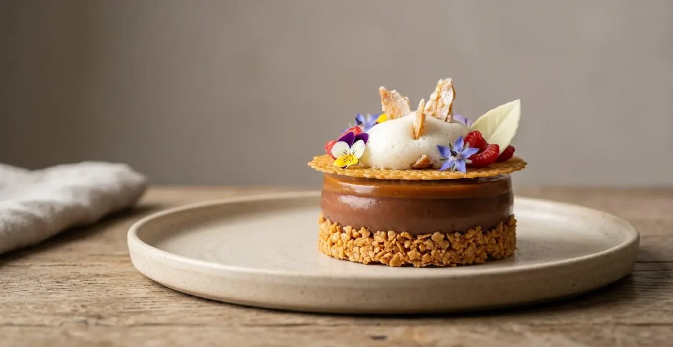 Composition éditoriale mettant en valeur les textures multiples d'un dessert gastronomique avec contrastes visuels