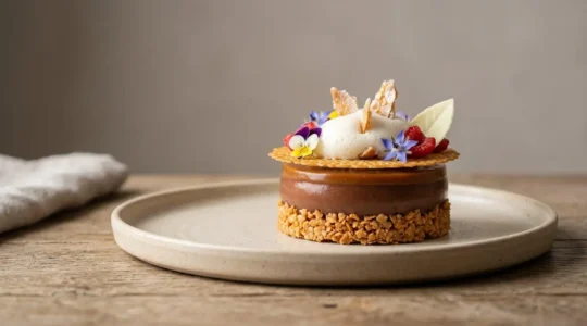 Composition éditoriale mettant en valeur les textures multiples d'un dessert gastronomique avec contrastes visuels