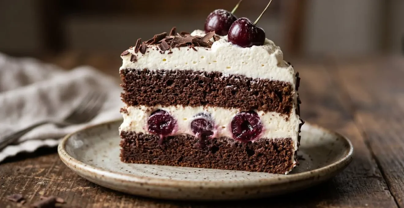 Tranche généreuse de forêt-noire artisanale révélant des couches parfaites de génoise au chocolat, chantilly vanille et cerises griottes