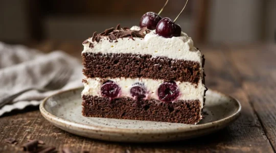 Tranche généreuse de forêt-noire artisanale révélant des couches parfaites de génoise au chocolat, chantilly vanille et cerises griottes