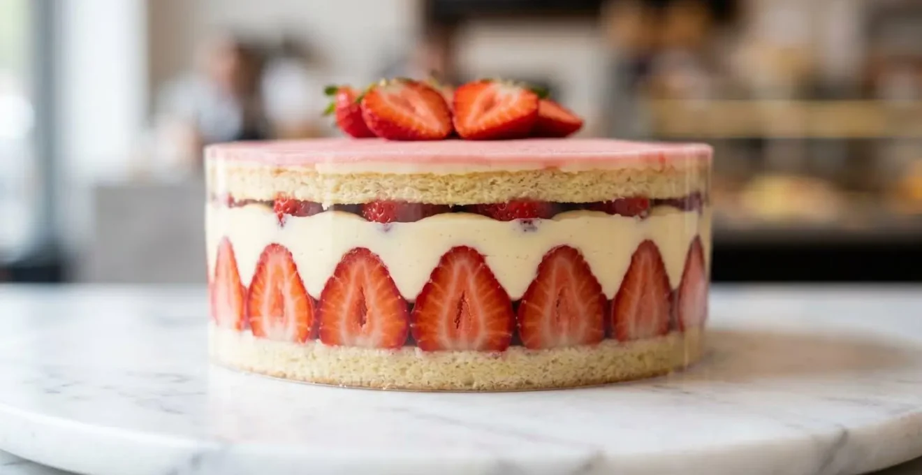 Fraisier traditionnel avec des fraises parfaitement alignées contre la paroi transparente, révélant la structure impeccable de la pâtisserie française