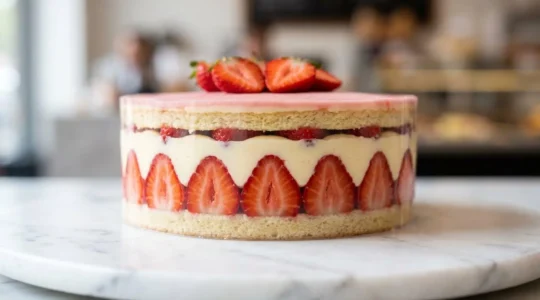 Fraisier traditionnel avec des fraises parfaitement alignées contre la paroi transparente, révélant la structure impeccable de la pâtisserie française