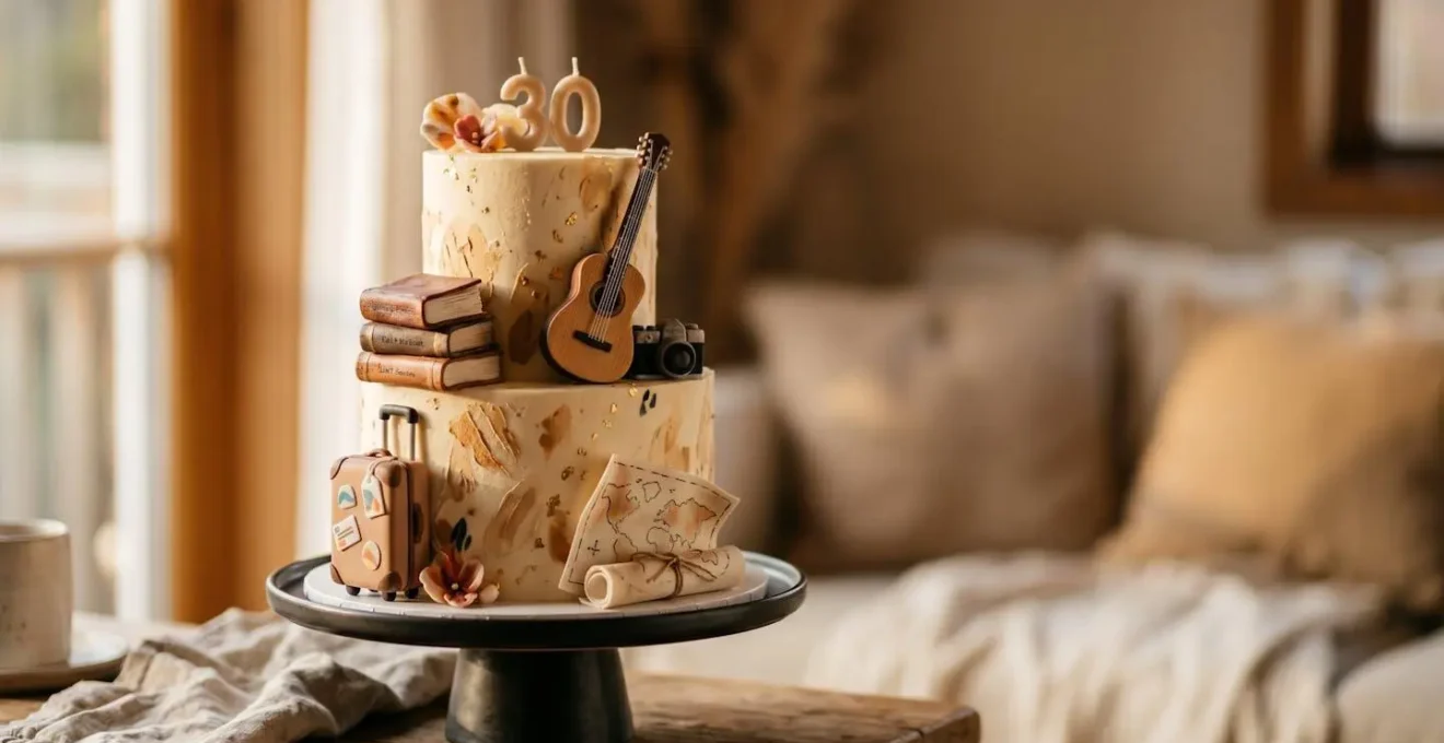Gâteau d'anniversaire personnalisé décoré avec des éléments symbolisant les passions d'une personne, dans une ambiance chaleureuse et festive
