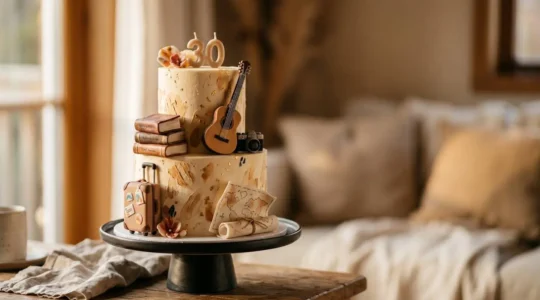 Gâteau d'anniversaire personnalisé décoré avec des éléments symbolisant les passions d'une personne, dans une ambiance chaleureuse et festive