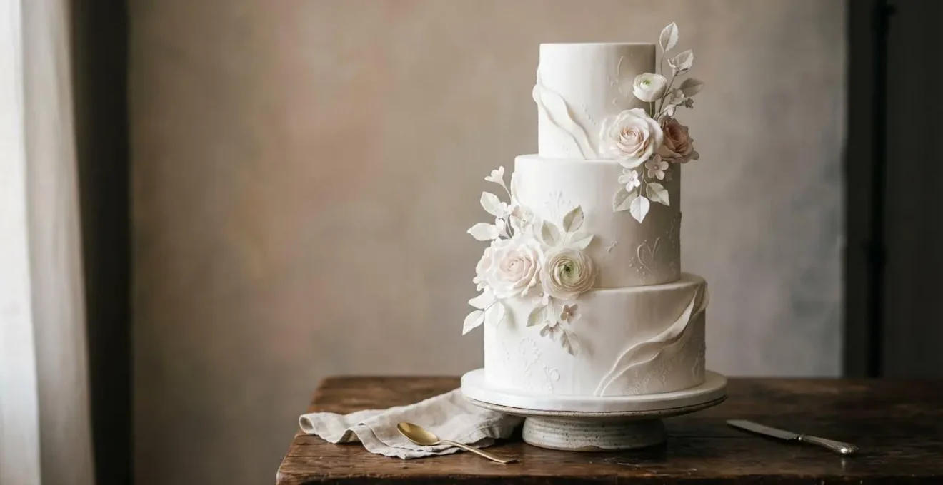 Gâteau de cake design à trois étages décoré élégamment en pâte à sucre avec composition équilibrée