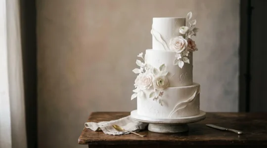 Gâteau de cake design à trois étages décoré élégamment en pâte à sucre avec composition équilibrée