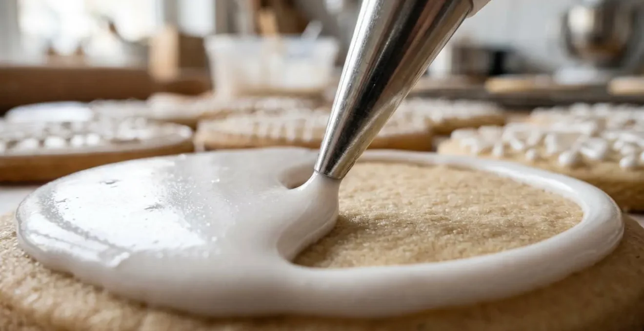 Glaçage royal lisse et brillant appliqué avec précision sur des biscuits décorés, texture nacrée et consistance idéale pour pochage fin