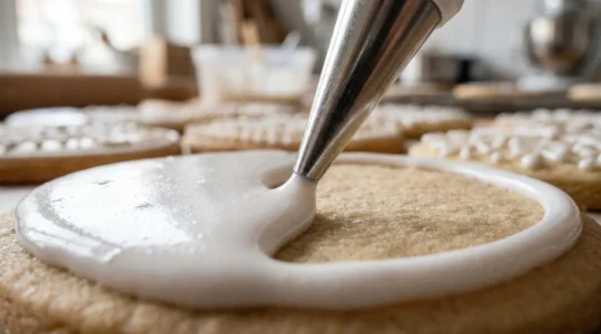 Glaçage royal lisse et brillant appliqué avec précision sur des biscuits décorés, texture nacrée et consistance idéale pour pochage fin