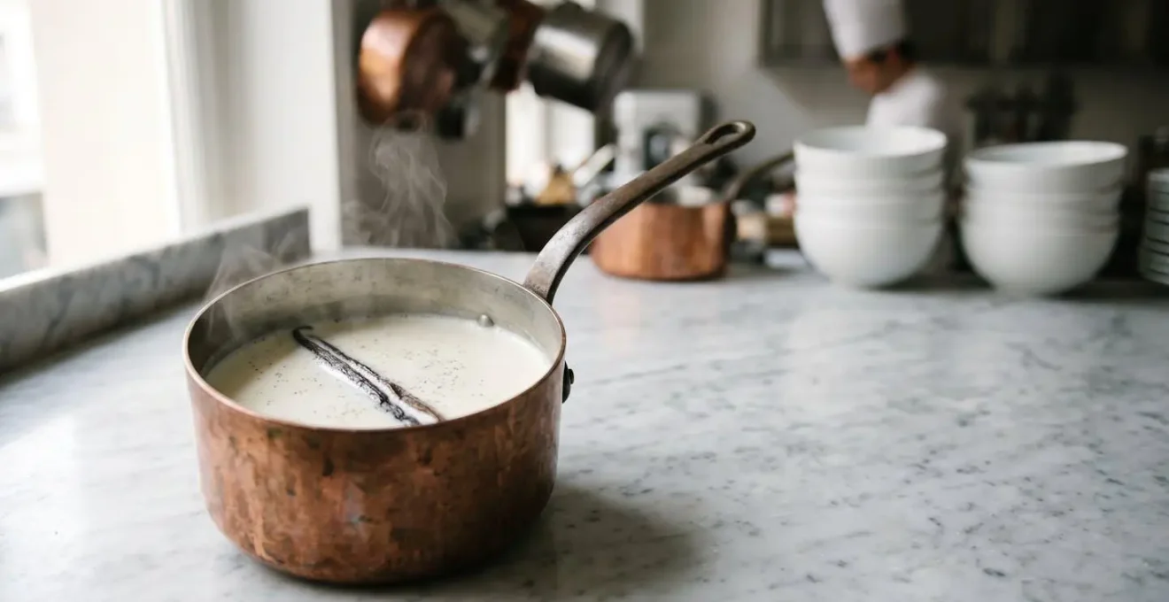 Gousse de vanille fendue infusant dans du lait chaud fumant dans une casserole en cuivre, éclairée par une lumière naturelle douce