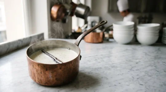 Gousse de vanille fendue infusant dans du lait chaud fumant dans une casserole en cuivre, éclairée par une lumière naturelle douce
