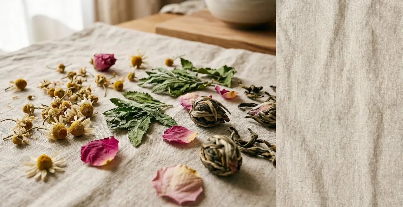 Composition élégante d'infusions premium aux feuilles entières et fleurs délicates sur fond naturel épuré