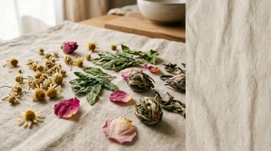 Composition élégante d'infusions premium aux feuilles entières et fleurs délicates sur fond naturel épuré