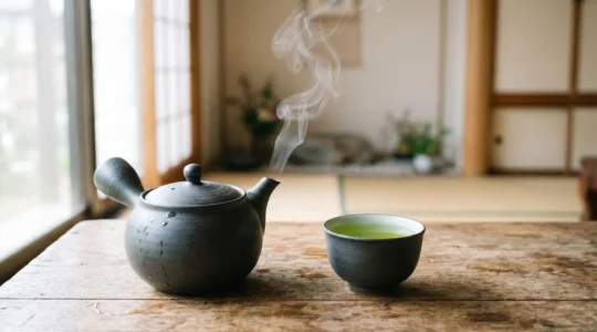 Vapeur s'élevant d'une théière japonaise kyusu avec tasse de thé vert dans une ambiance zen et lumineuse