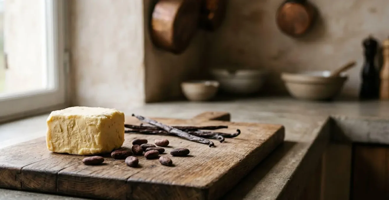 Composition épurée d'ingrédients nobles de pâtisserie avec beurre artisanal, fèves de cacao et gousses de vanille disposés sur surface naturelle
