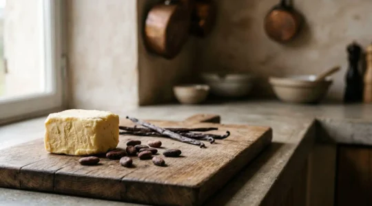 Composition épurée d'ingrédients nobles de pâtisserie avec beurre artisanal, fèves de cacao et gousses de vanille disposés sur surface naturelle
