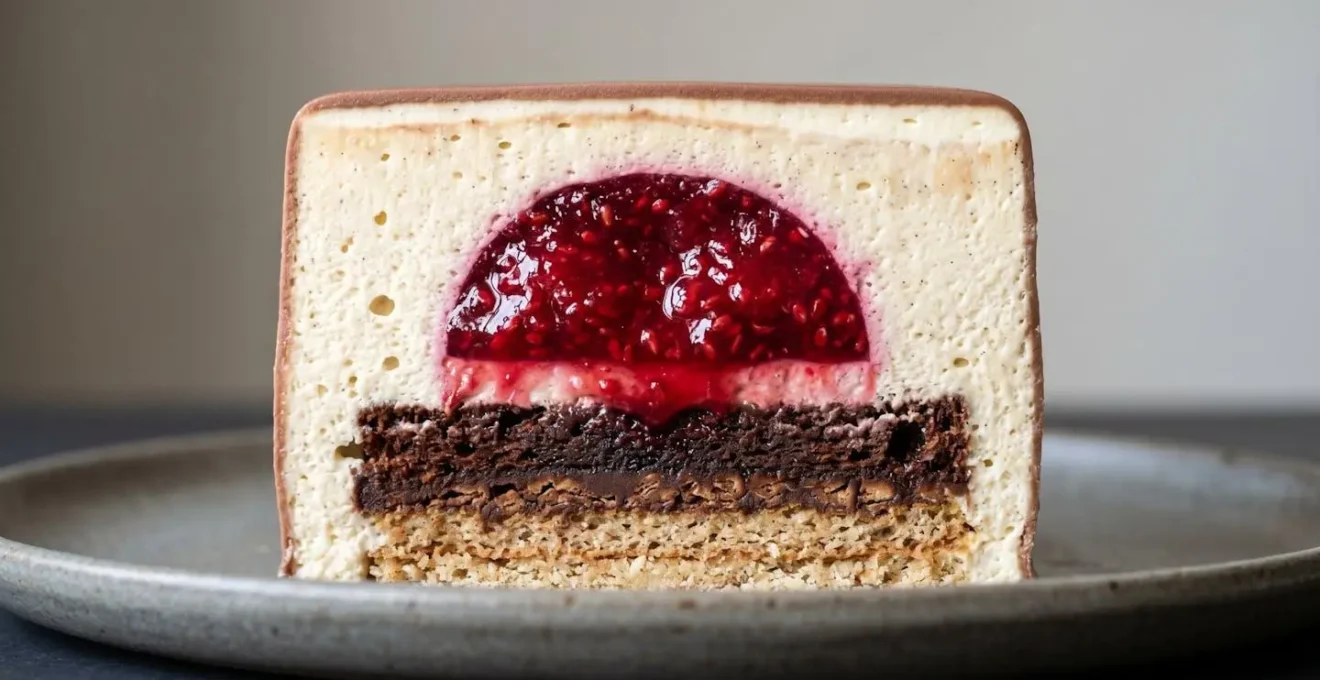 Insert fruité au cœur d'un entremets moderne en coupe transversale révélant les couches