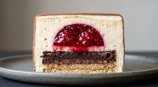 Insert fruité au cœur d'un entremets moderne en coupe transversale révélant les couches